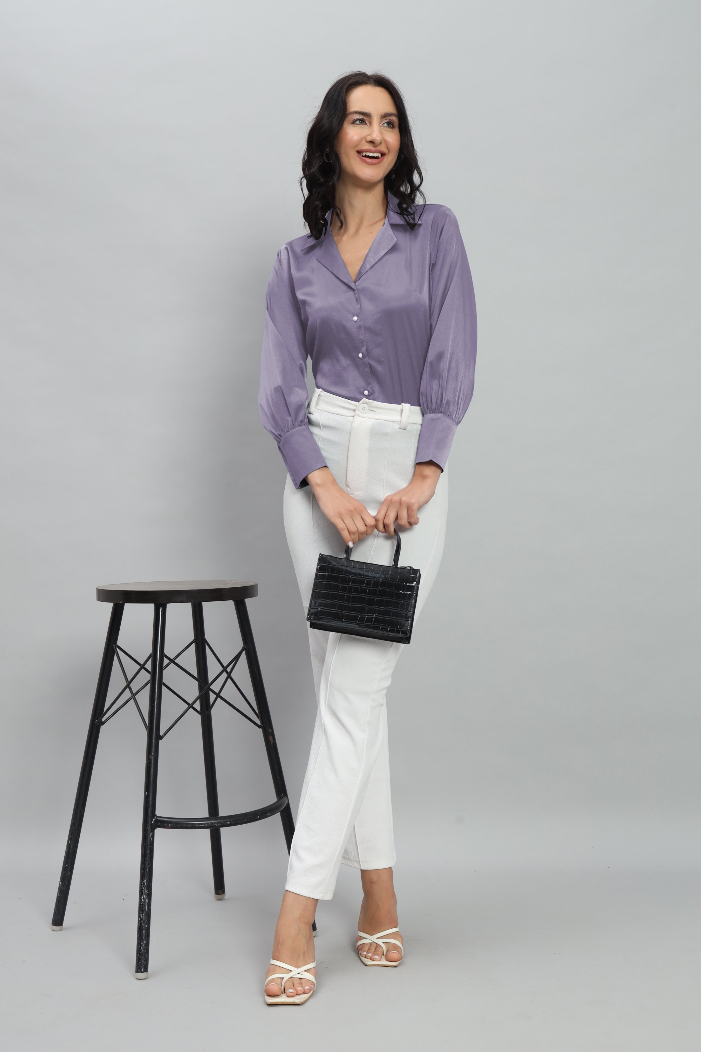 Womens Notched Designer Satin Solid Violet Shirt