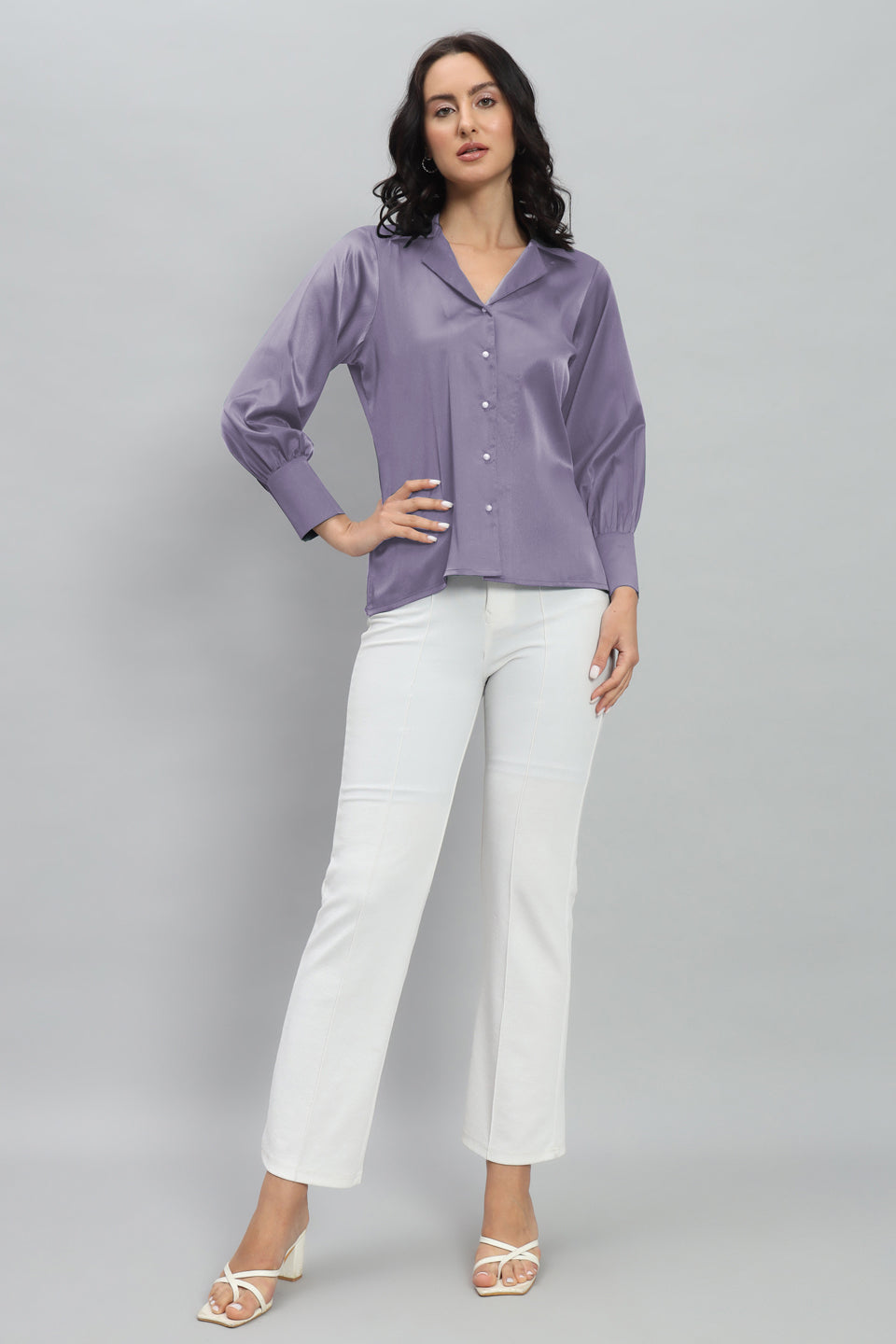 Womens Notched Designer Satin Solid Violet Shirt