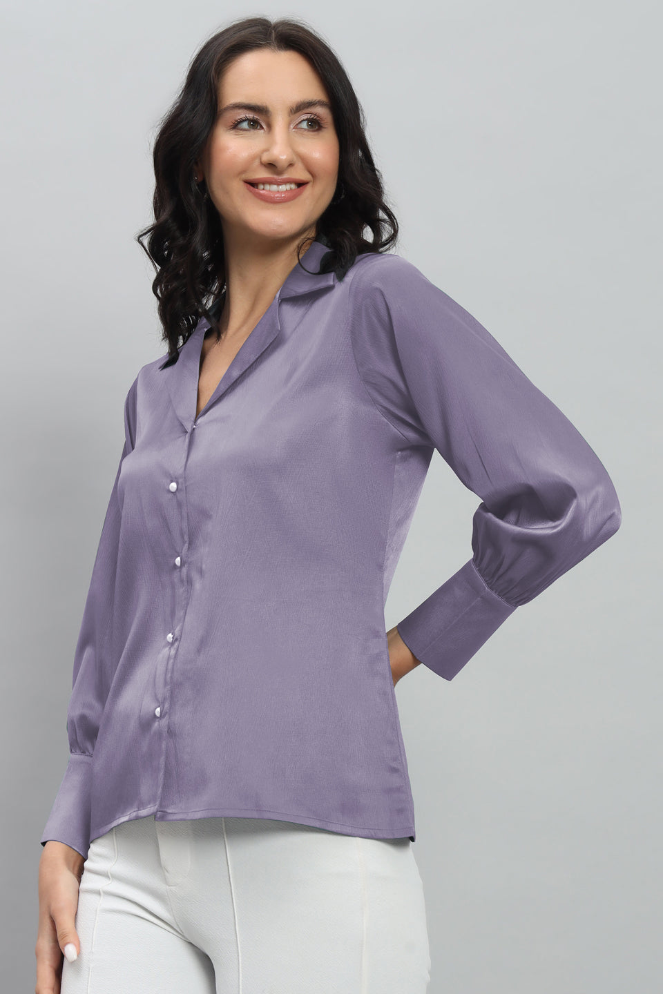 Womens Notched Designer Satin Solid Violet Shirt