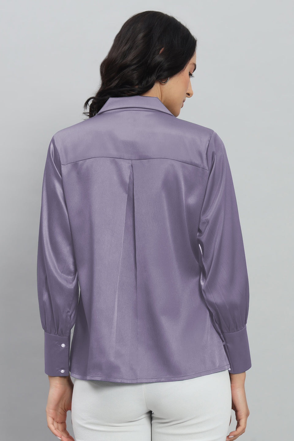 Womens Notched Designer Satin Solid Violet Shirt