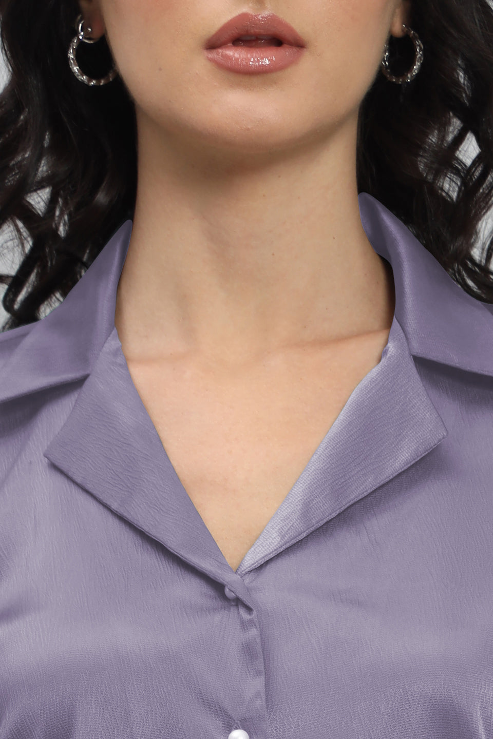 Womens Notched Designer Satin Solid Violet Shirt