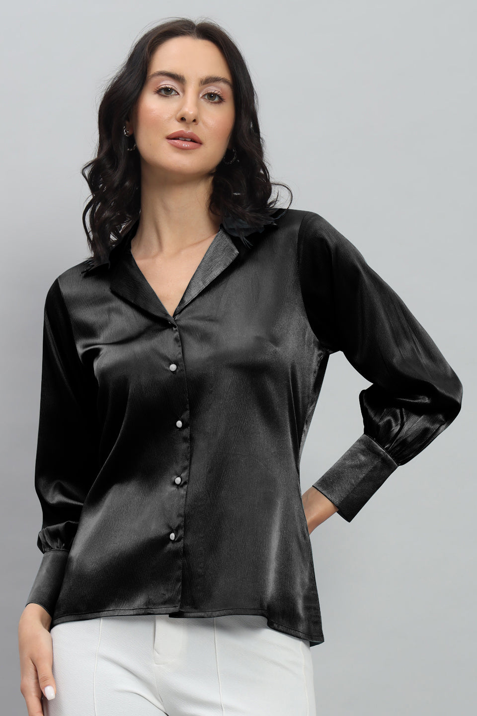 Womens Notched Designer Satin Solid Black Shirt