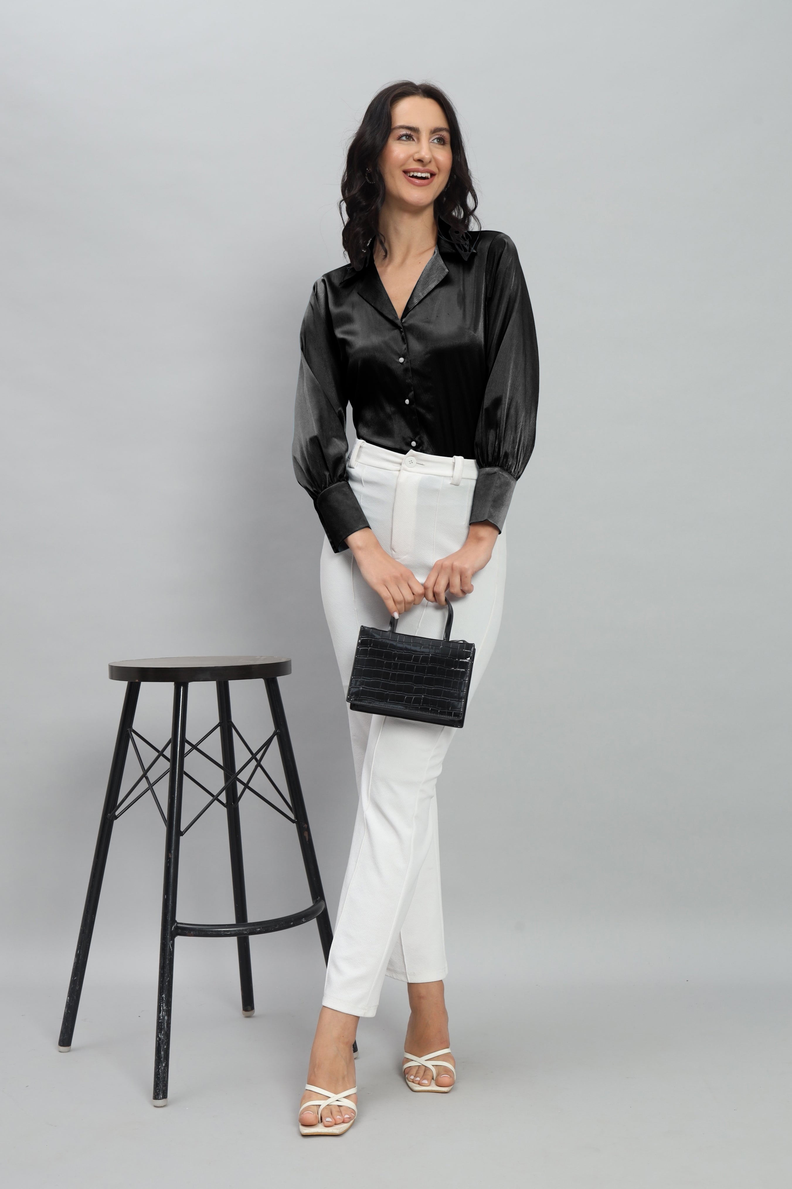 Womens Notched Designer Satin Solid Black Shirt