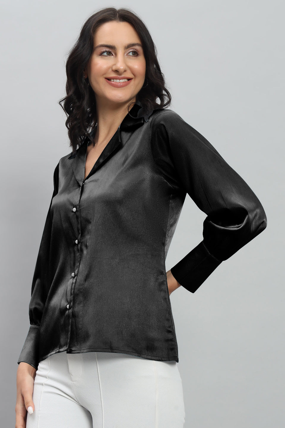 Womens Notched Designer Satin Solid Black Shirt