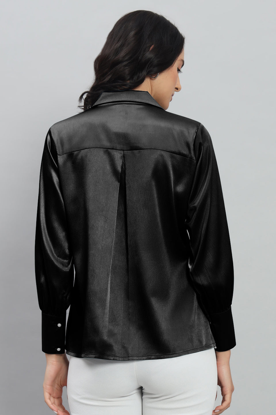 Womens Notched Designer Satin Solid Black Shirt