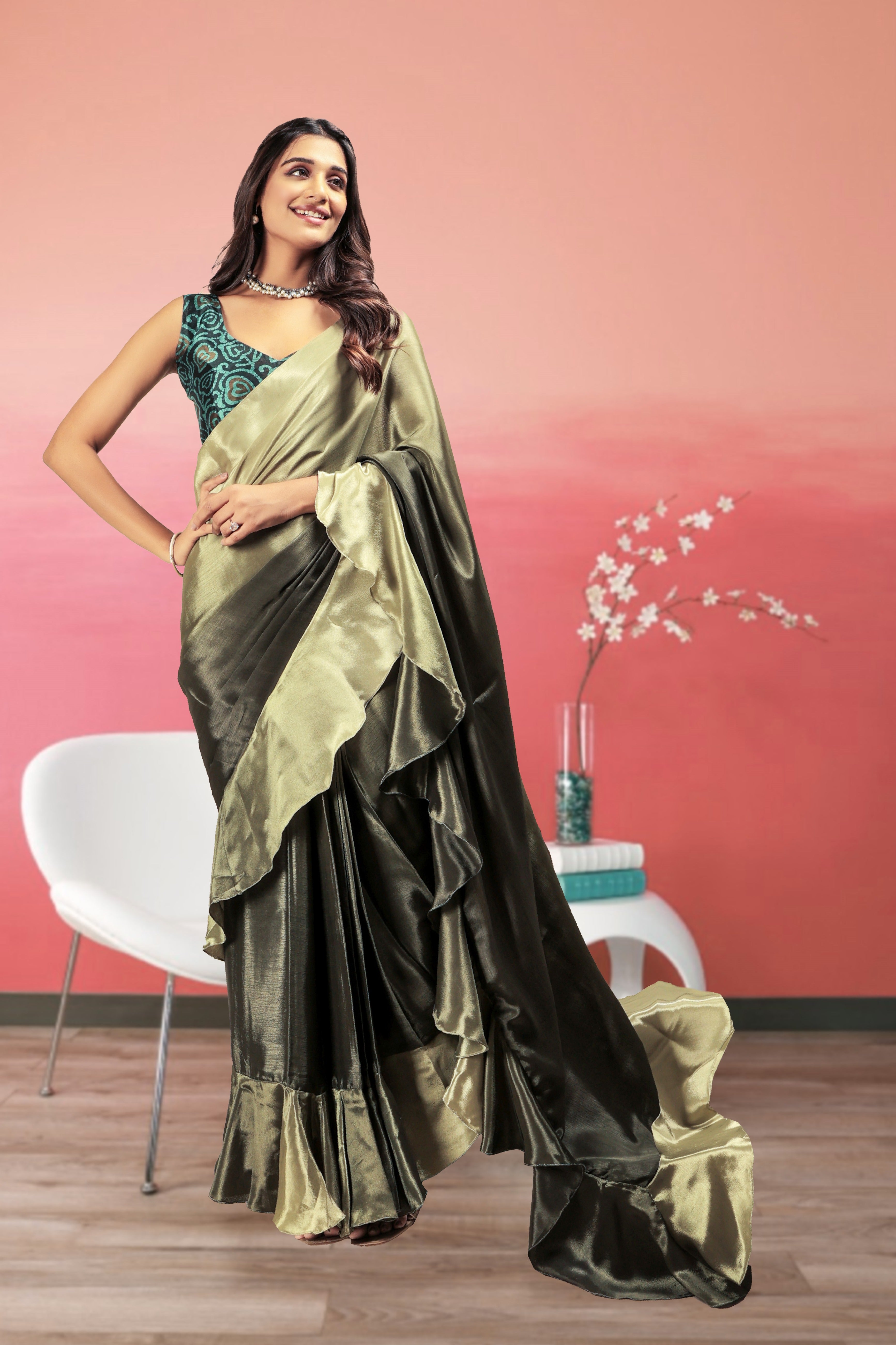 Ombre Prestitched Frill Work Ready To Wear Saree