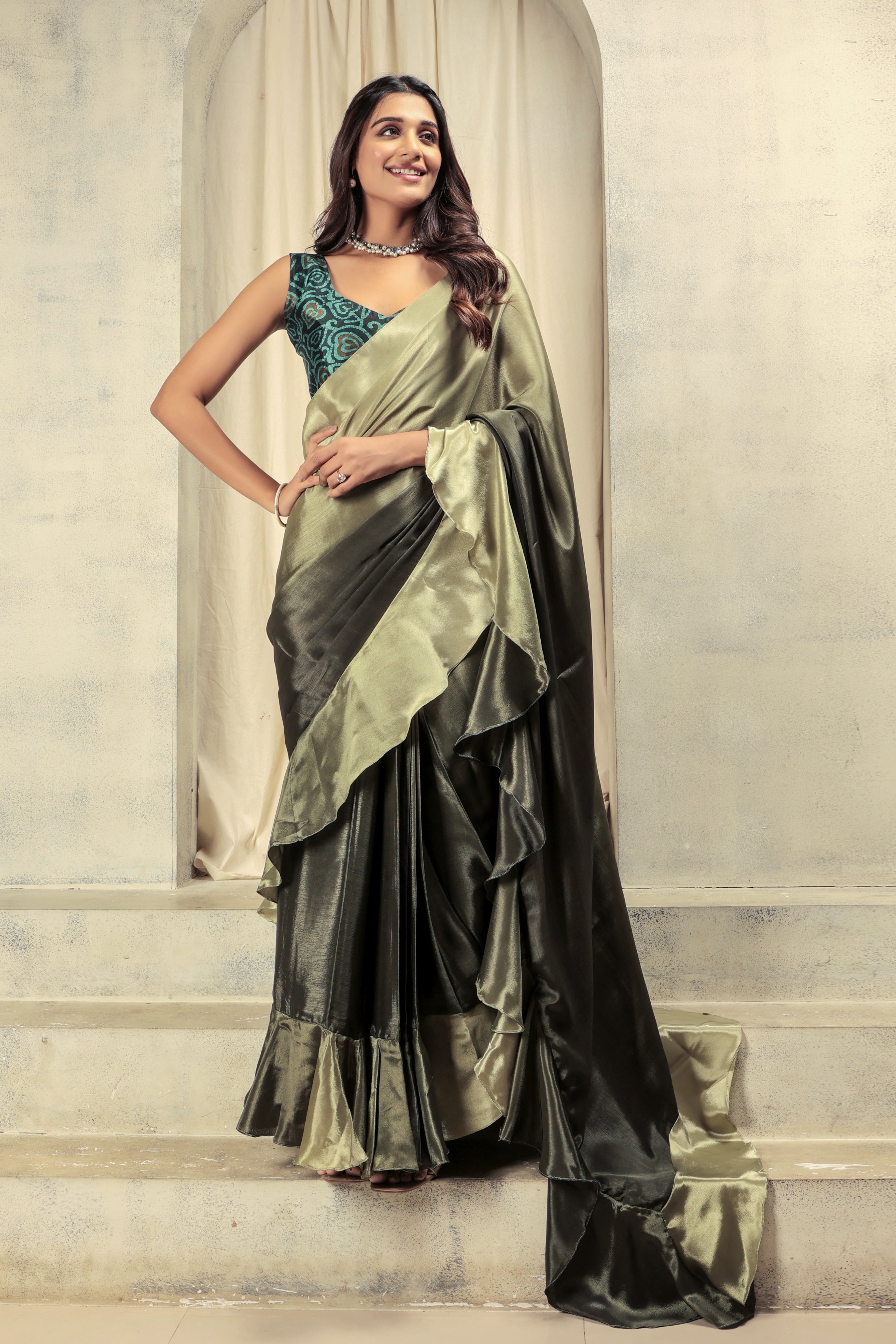 Ombre Prestitched Frill Work Ready To Wear Saree