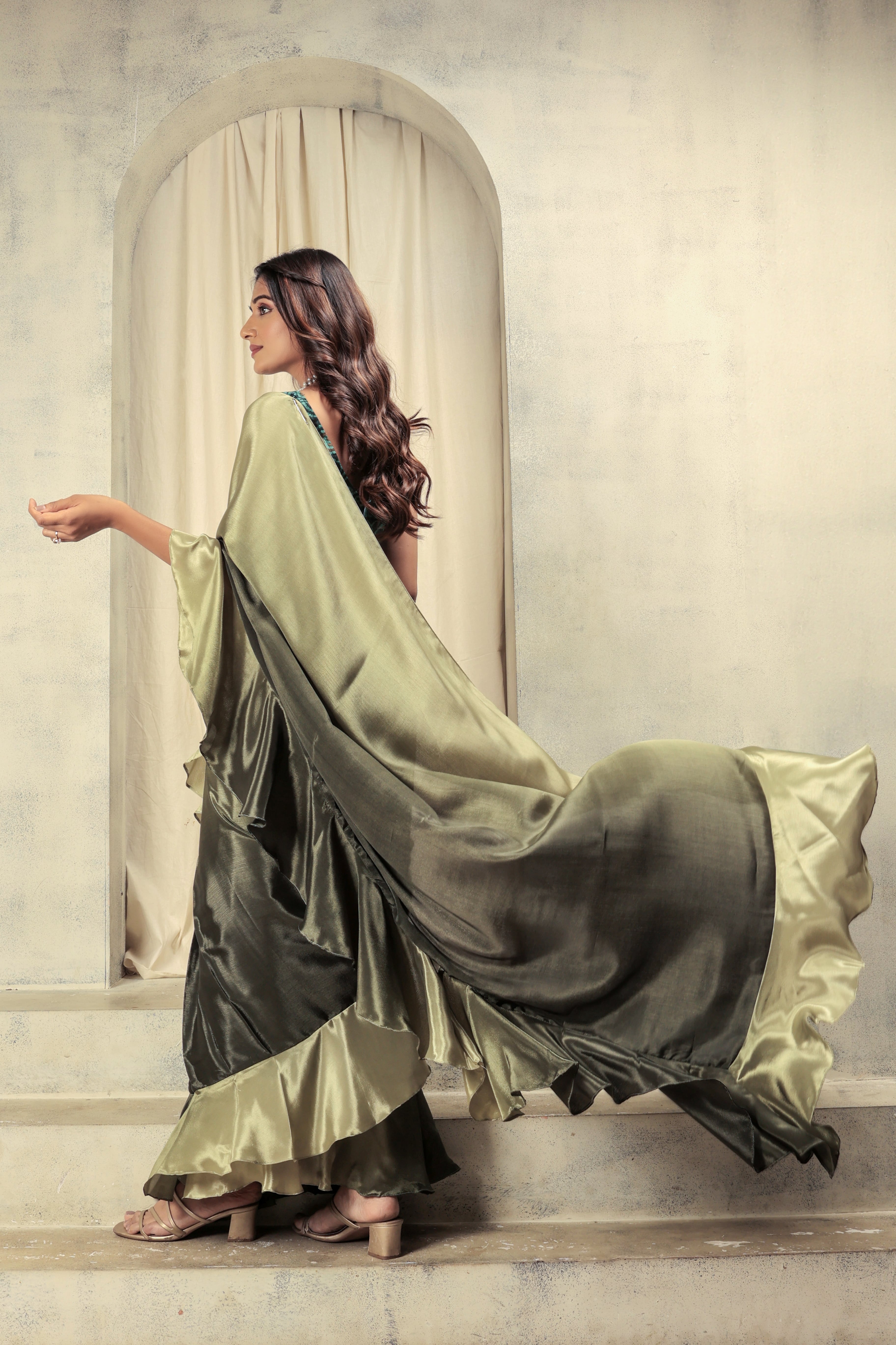 Ombre Prestitched Frill Work Ready To Wear Saree