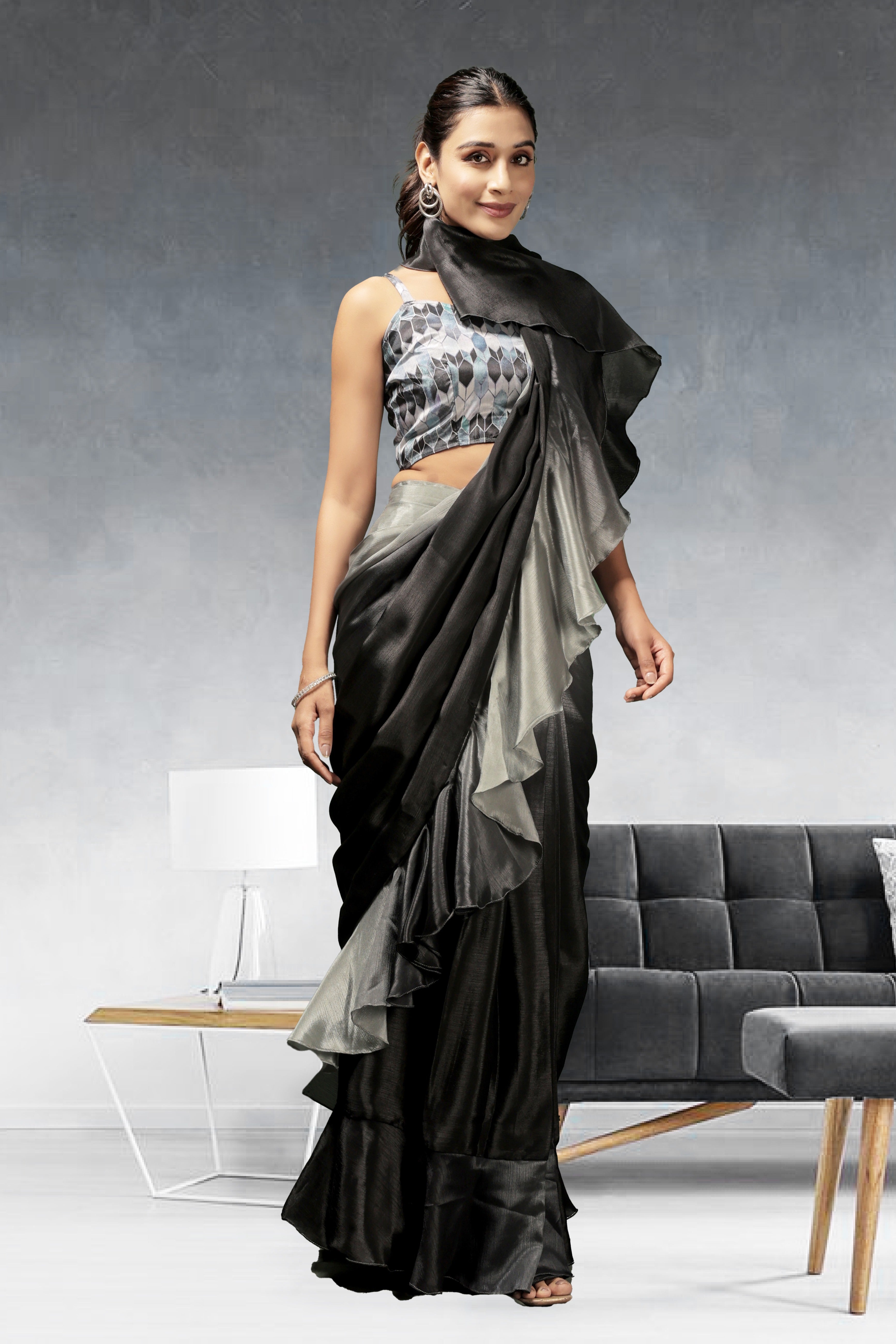 Ombre Prestitched Frill Work Ready To Wear Saree