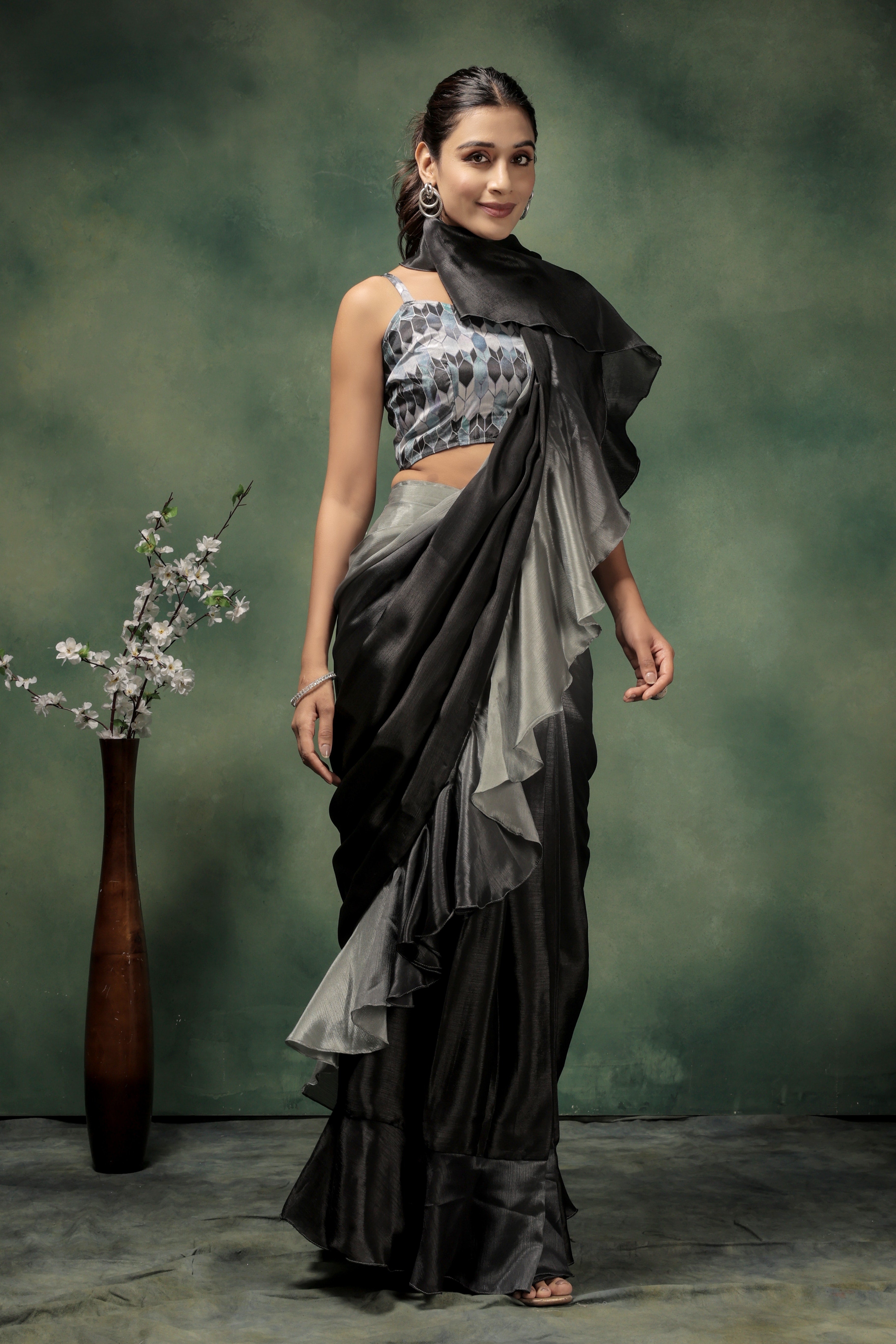 Ombre Prestitched Frill Work Ready To Wear Saree