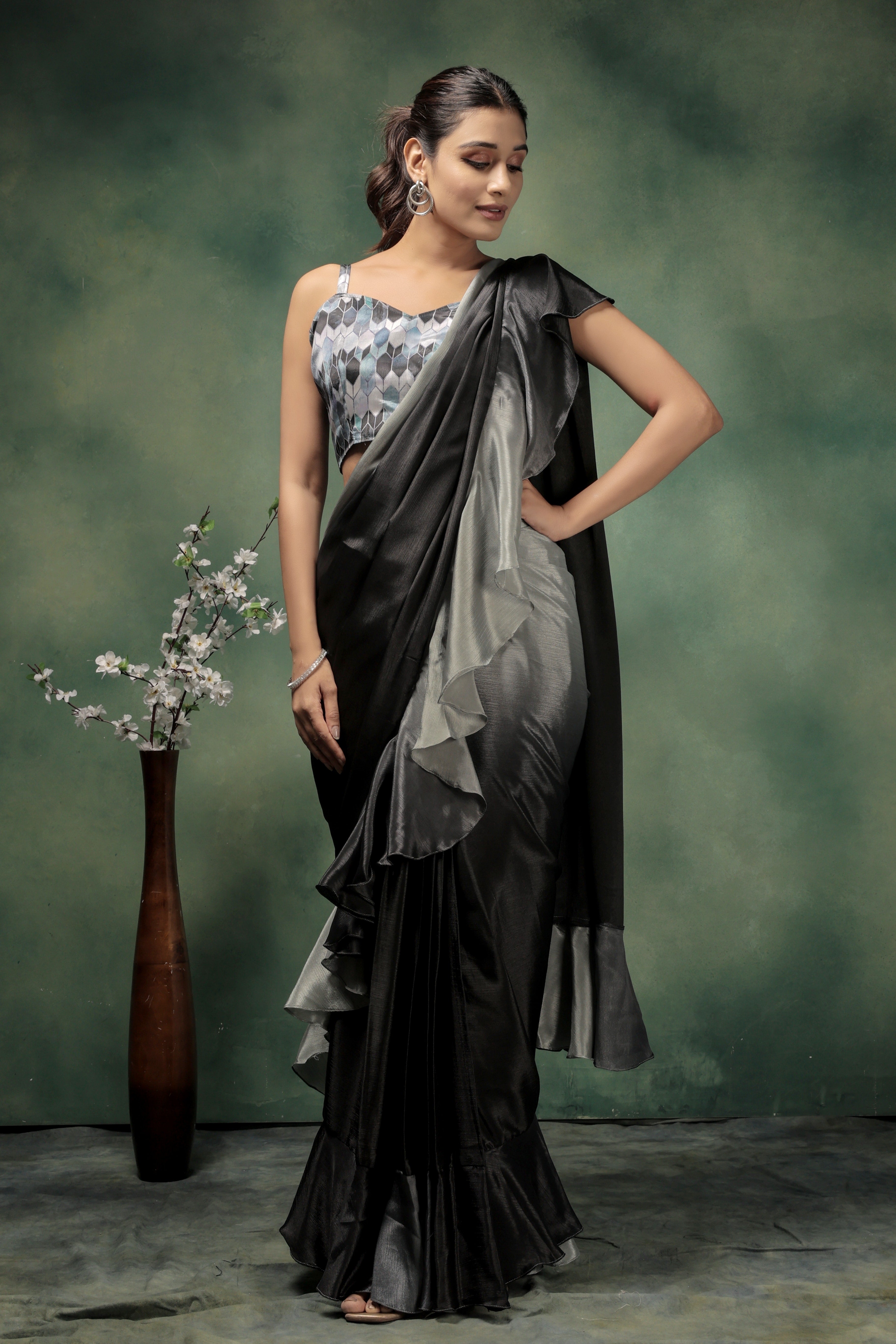 Ombre Prestitched Frill Work Ready To Wear Saree