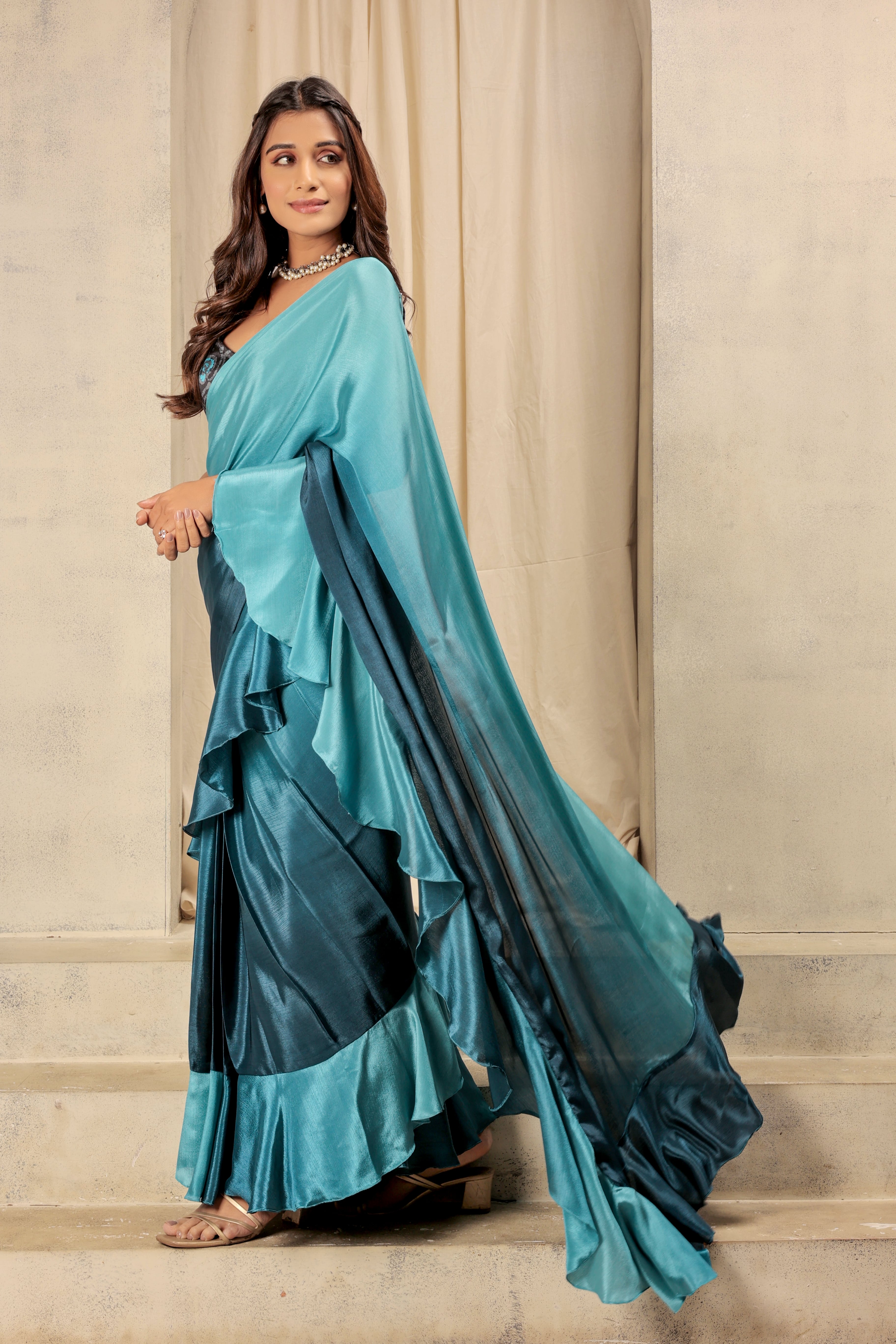 Ombre Prestitched Frill Work Ready To Wear Saree