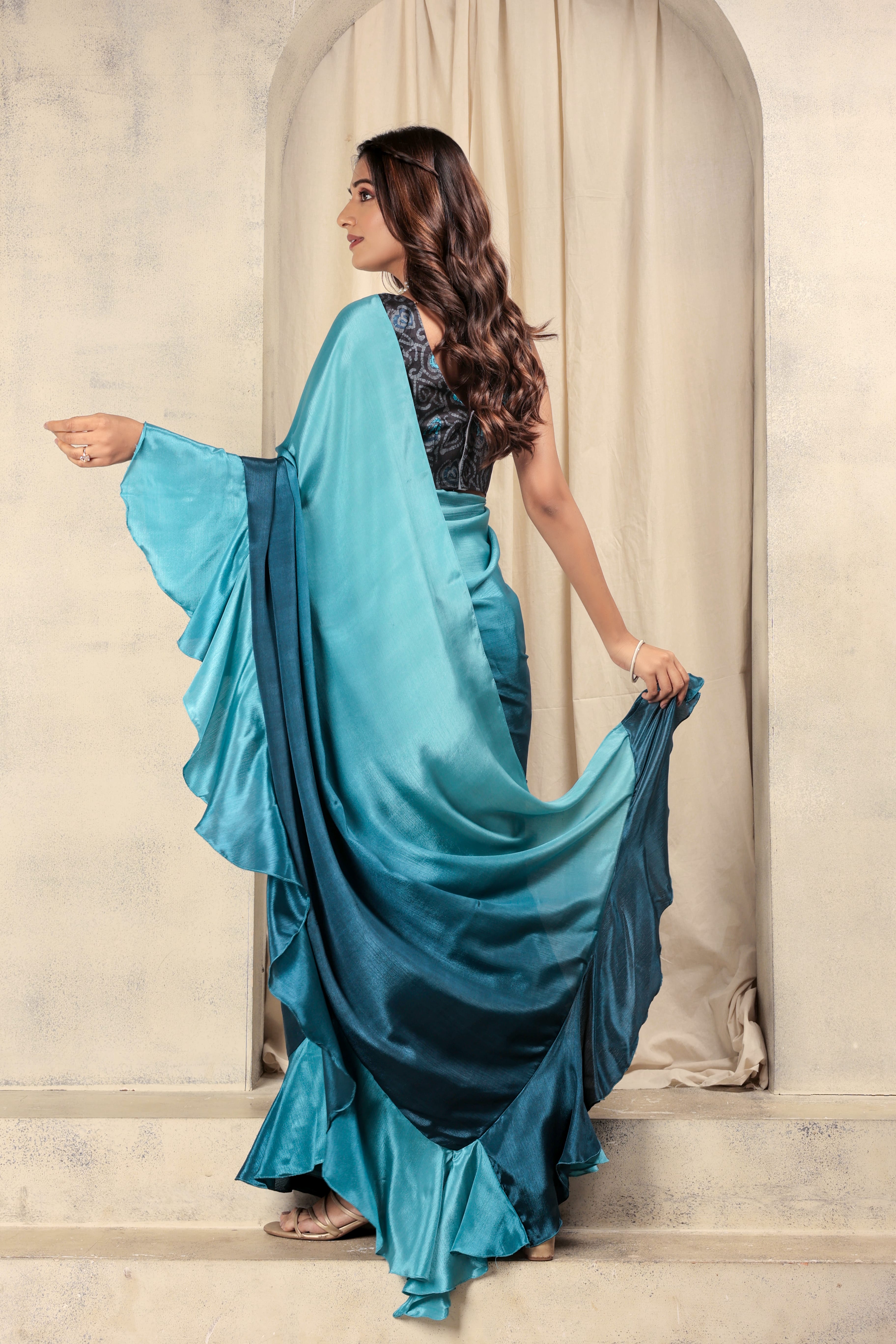 Ombre Prestitched Frill Work Ready To Wear Saree