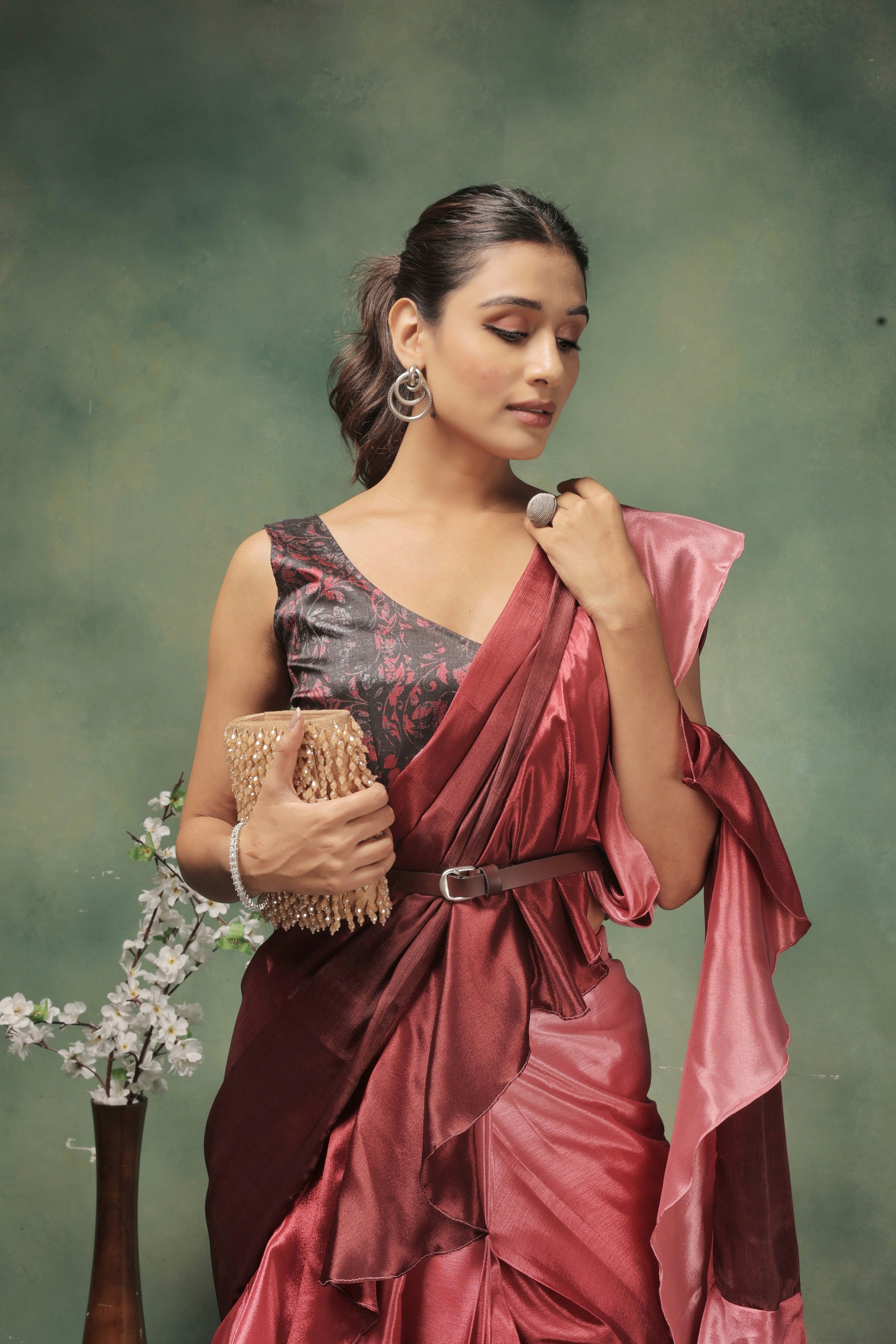 Ombre Prestitched Frill Work Ready To Wear Saree