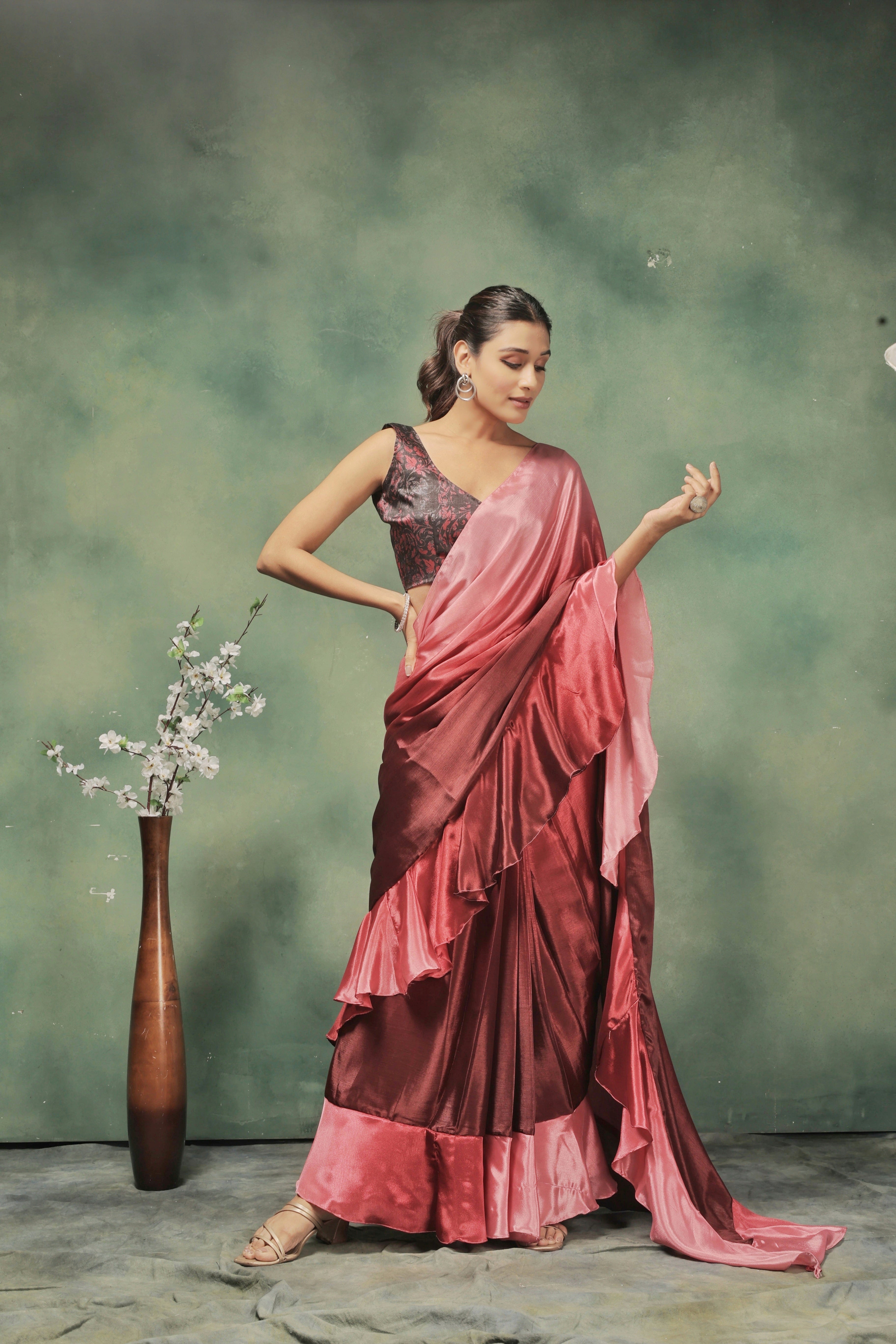 Ombre Prestitched Frill Work Ready To Wear Saree