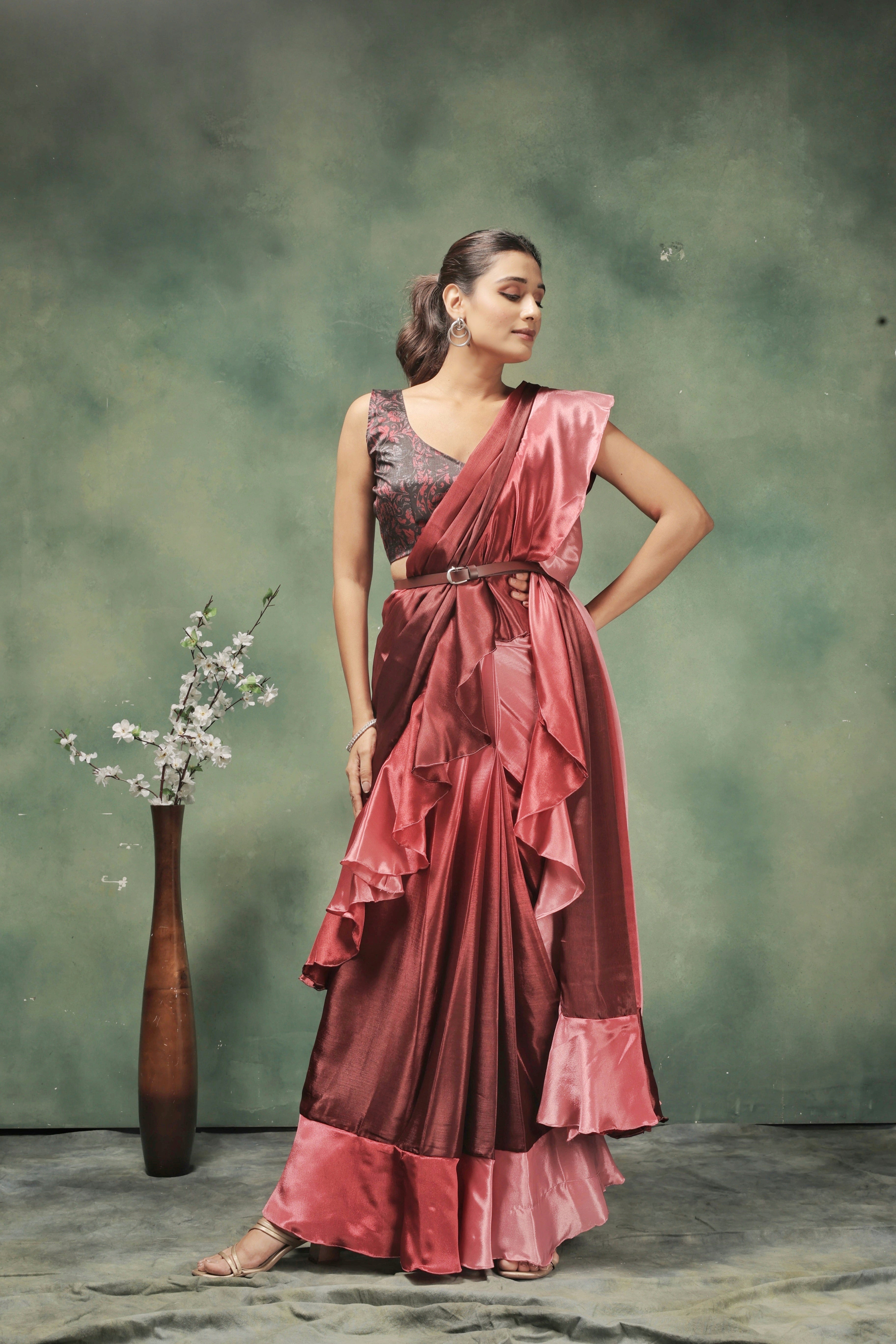 Ombre Prestitched Frill Work Ready To Wear Saree