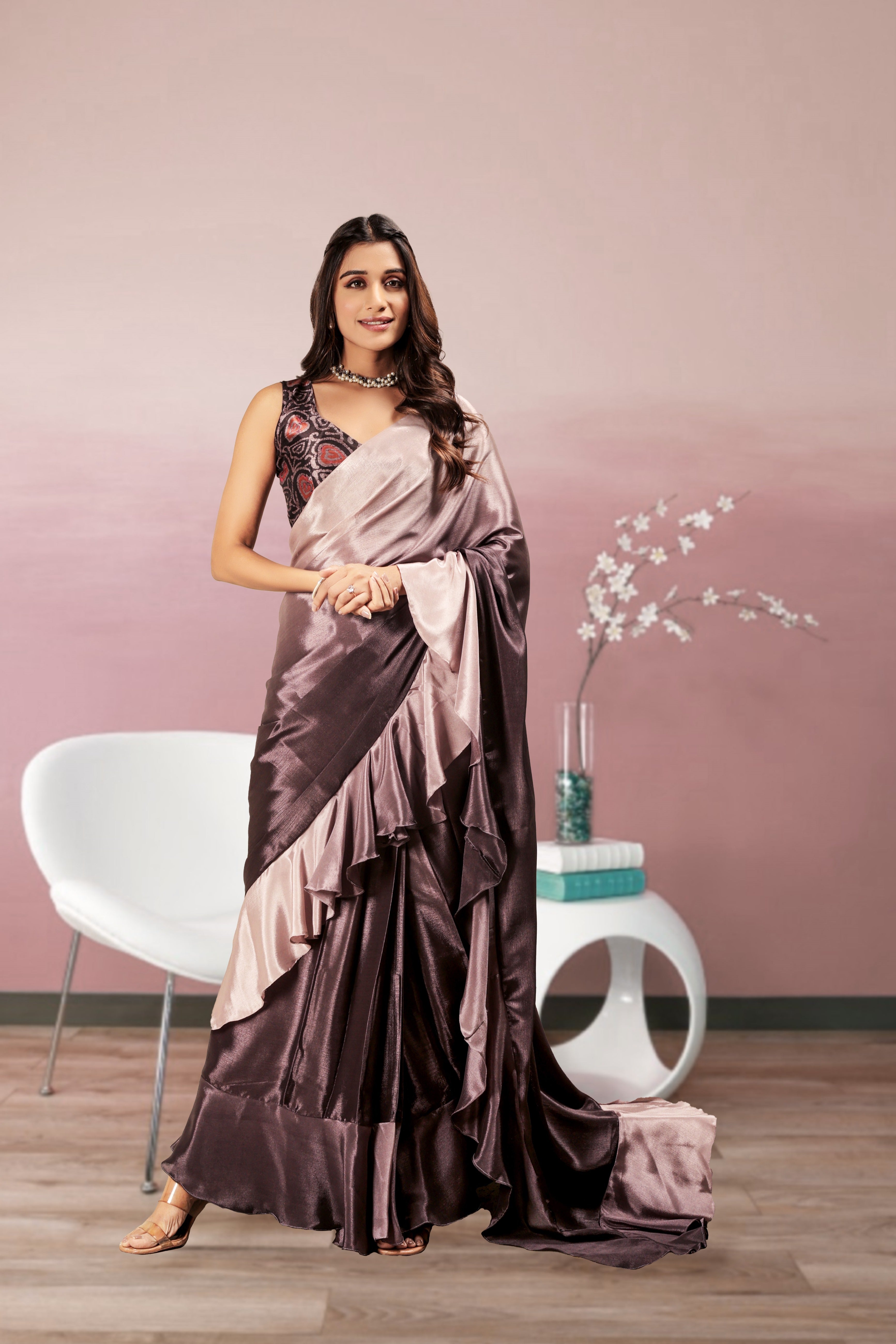 Ombre Prestitched Frill Work Ready To Wear Saree