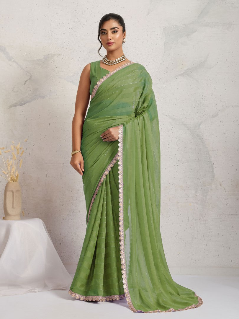 Green Woven Design Striped Pure Georgette Saree