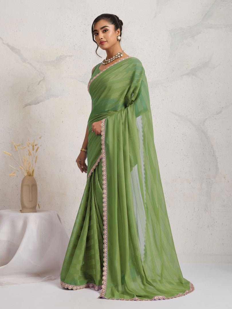 Green Woven Design Striped Pure Georgette Saree
