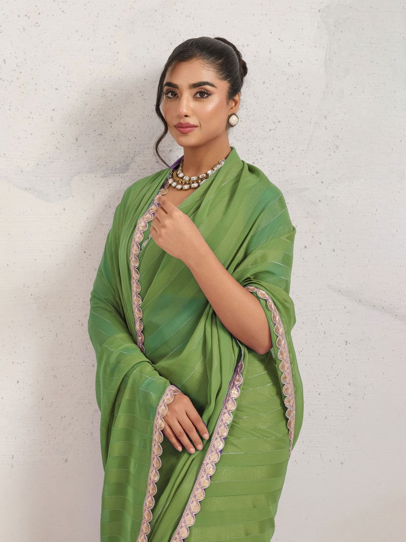 Green Woven Design Striped Pure Georgette Saree