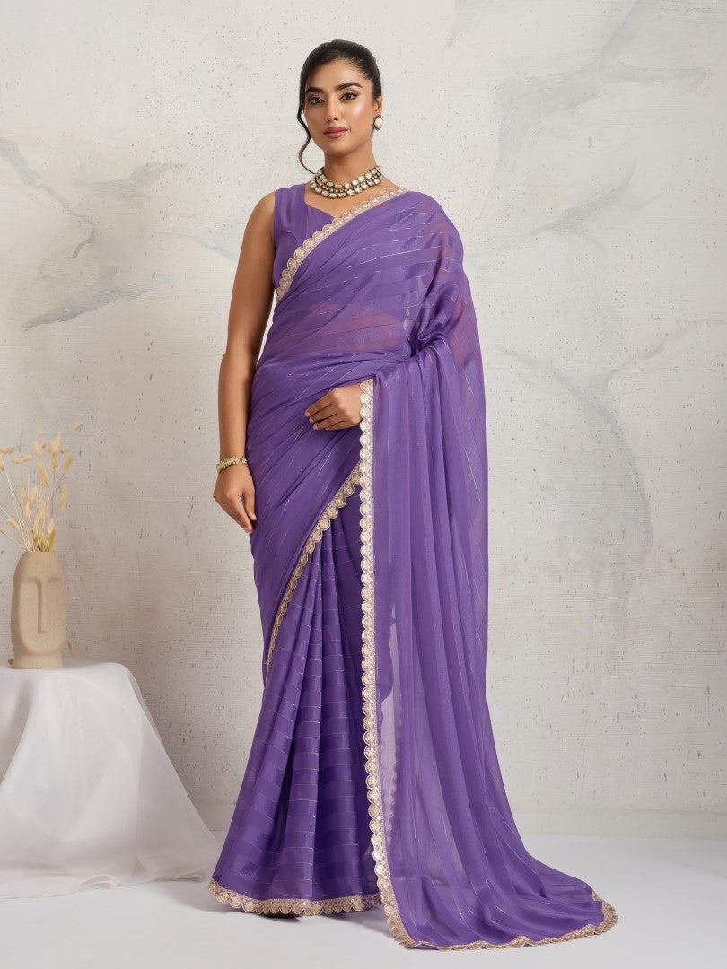 Purple Striped Poly Georgette Saree with Embellished Border