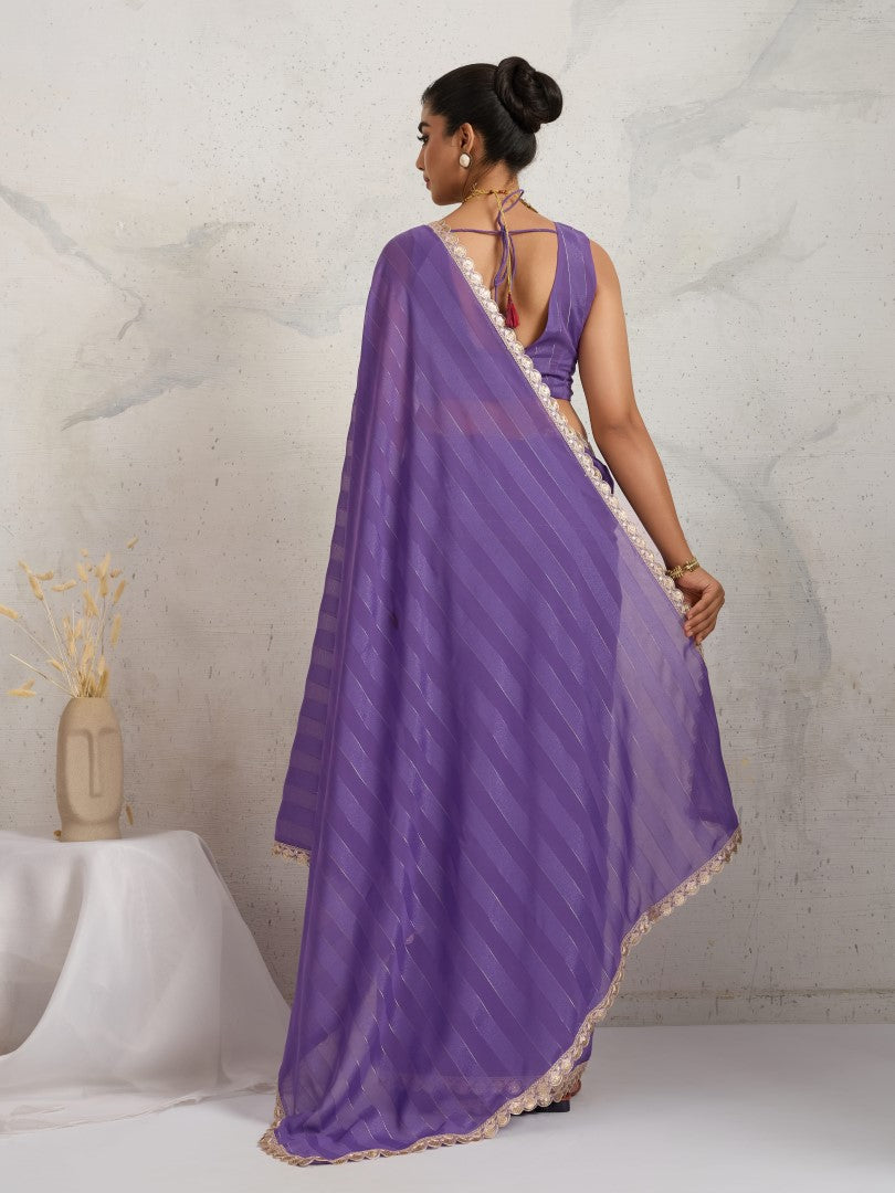 Purple Striped Poly Georgette Saree with Embellished Border