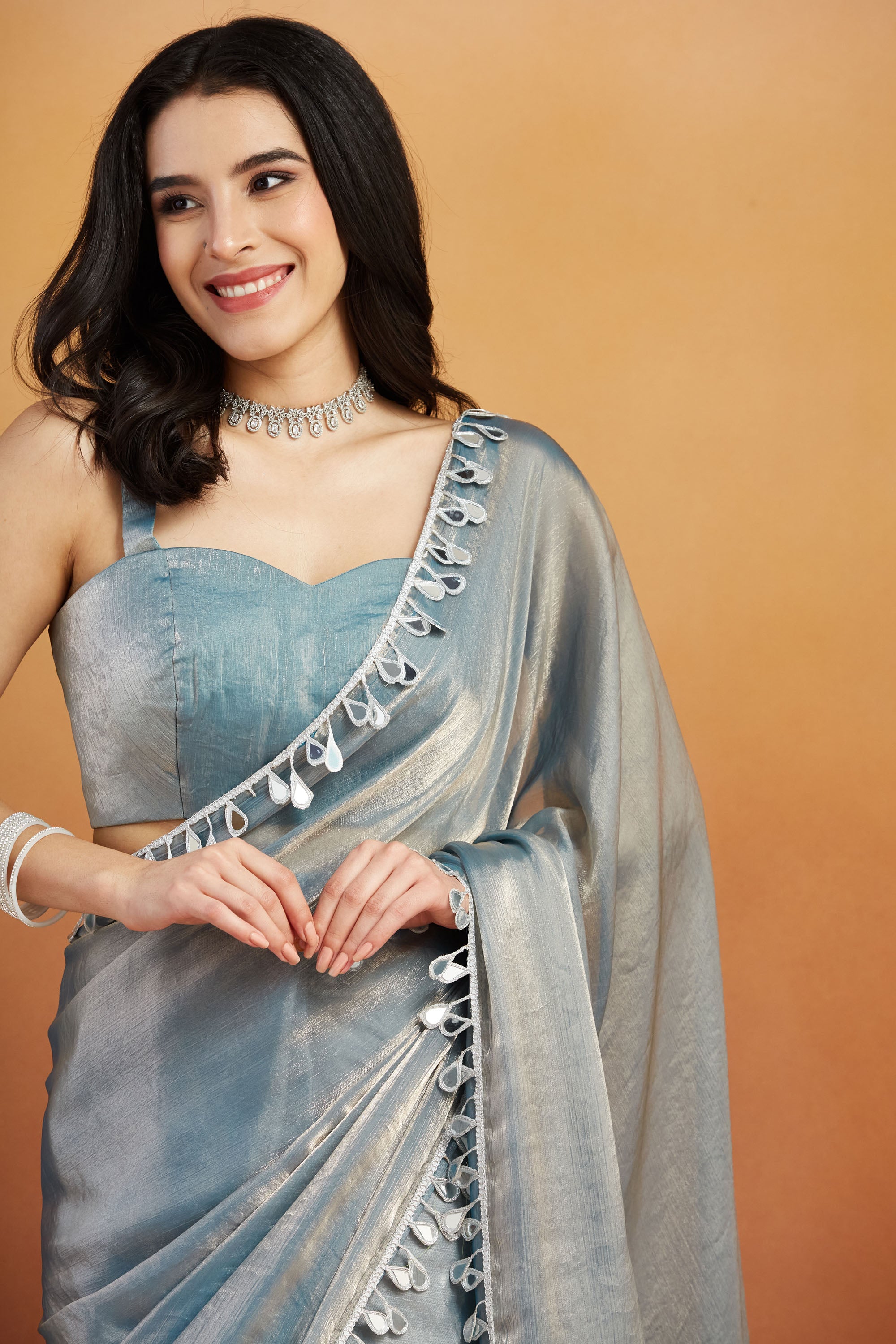 Ari Mirror Work Shiney Silver Chiffon Saree