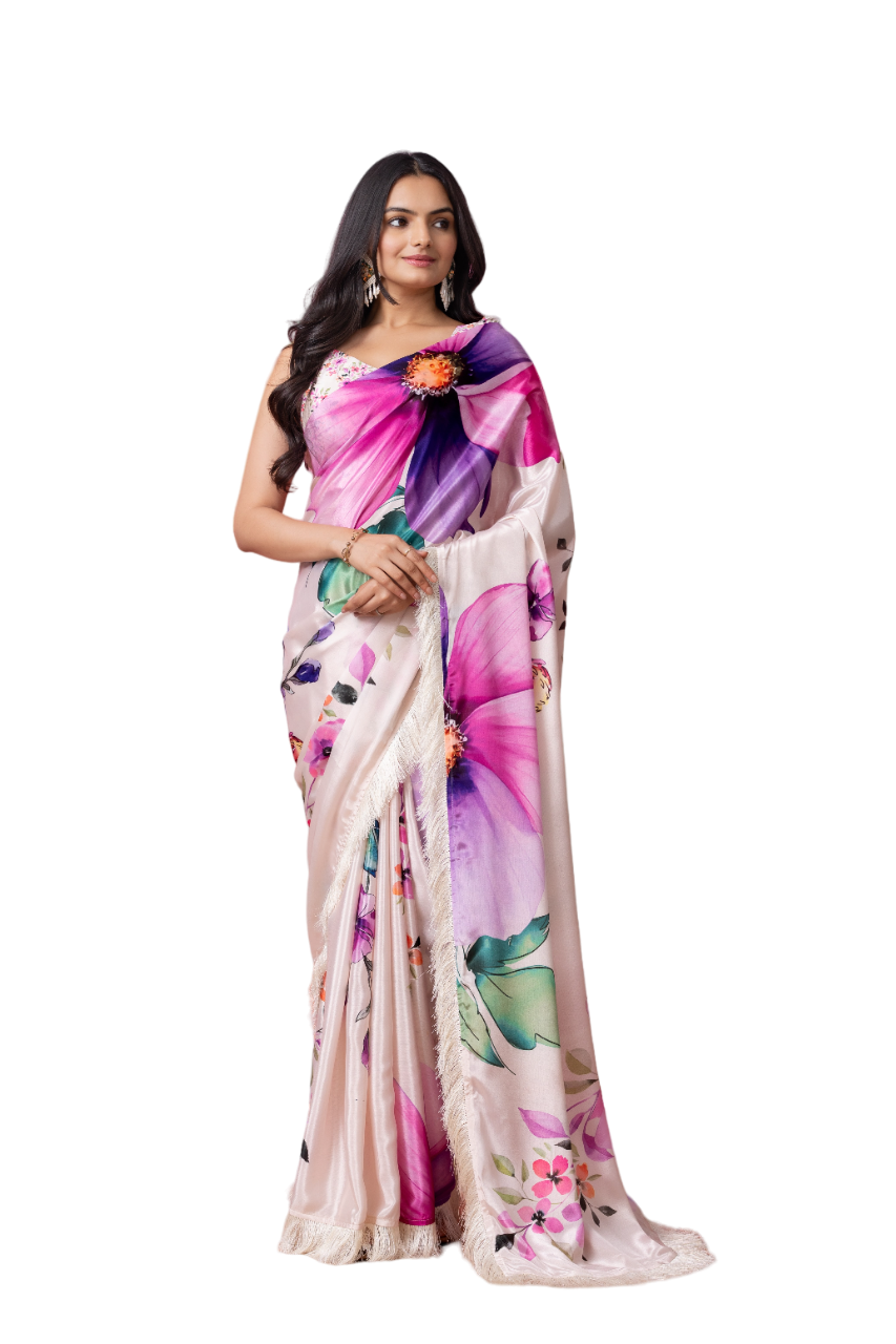 Cream Art Silk Floral Printed Ready to Wear Saree