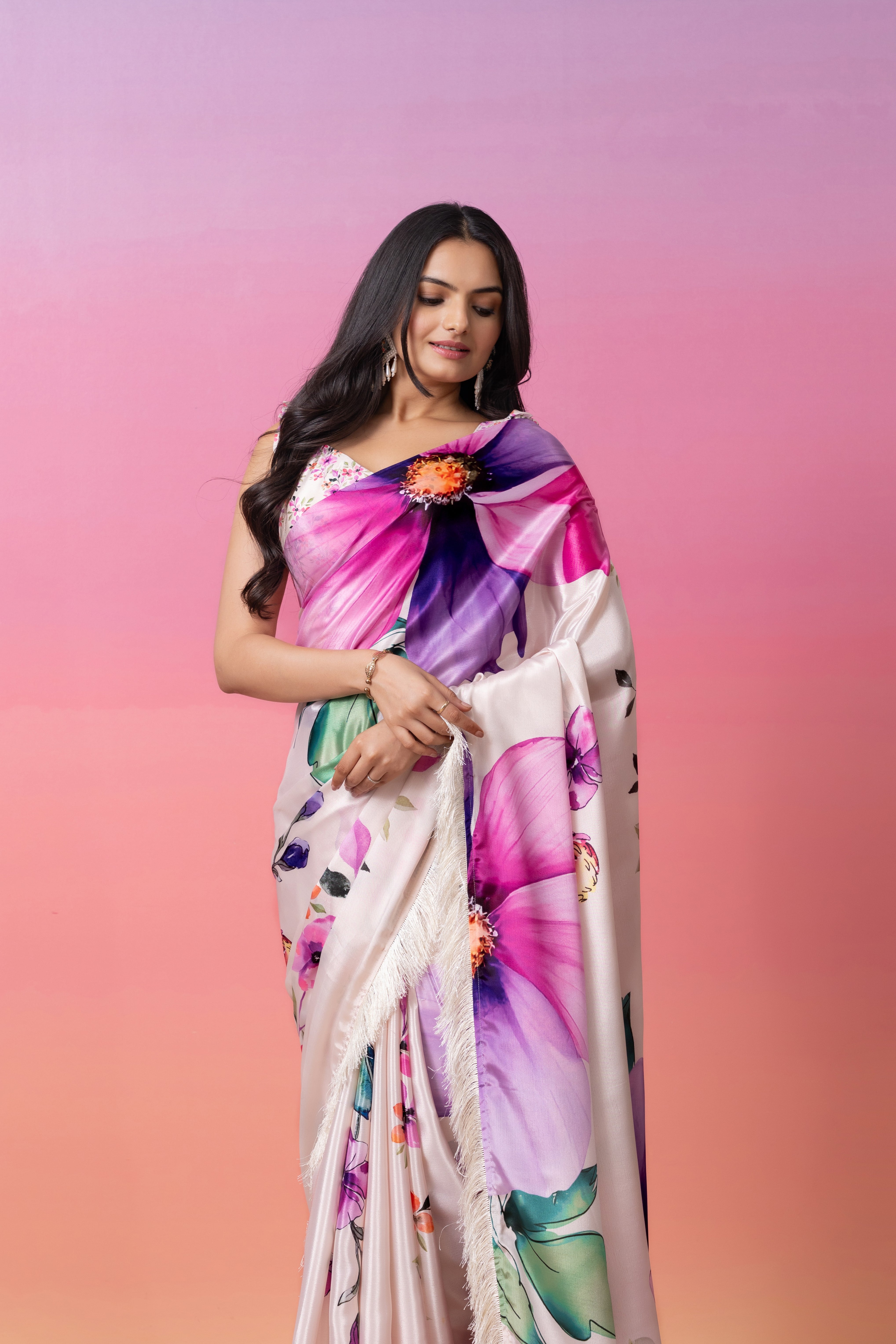 Focuses on the vibrant purple and pink floral tones.