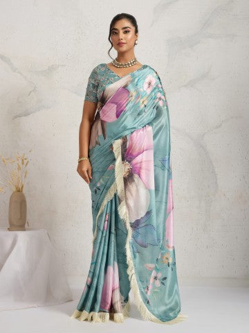 Blue Floral Printed Cotton Blend Party Wear Saree