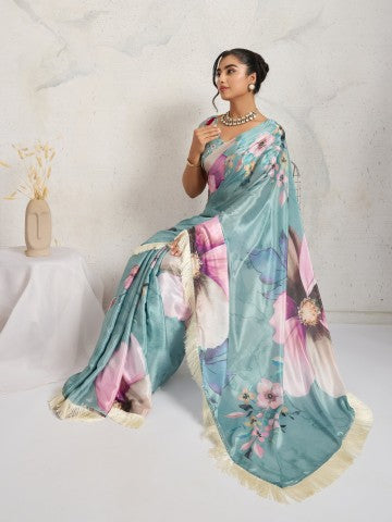 Blue Floral Printed Cotton Blend Party Wear Saree
