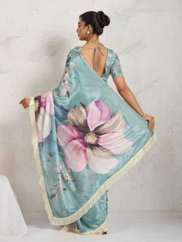 Blue Floral Printed Cotton Blend Party Wear Saree