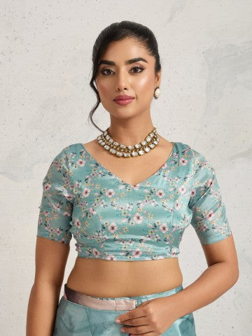 Blue Floral Printed Cotton Blend Party Wear Saree