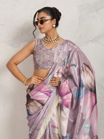 Purple Floral Printed Satin Ready to Wear Saree