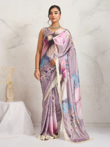 Purple & Blue Floral Printed Satin Party Wear Saree