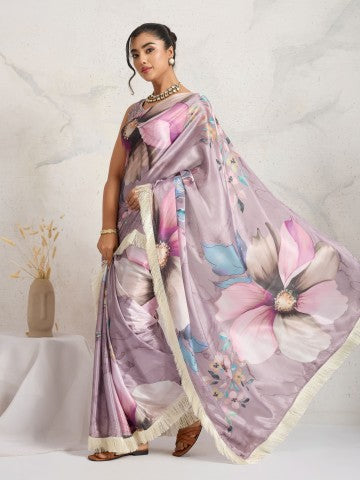 Purple & Blue Floral Printed Satin Party Wear Saree