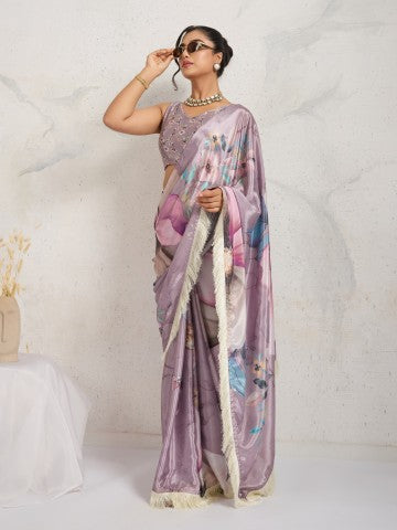 Purple & Blue Floral Printed Satin Party Wear Saree