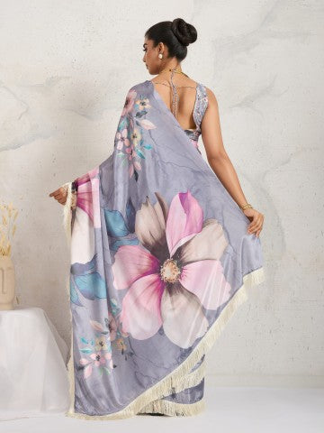 Grey Color Floral Printed Satin Party Wear Saree