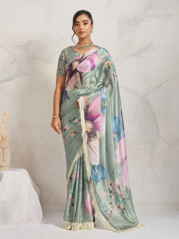Green Floral Printed Satin Party Wear Designer Saree