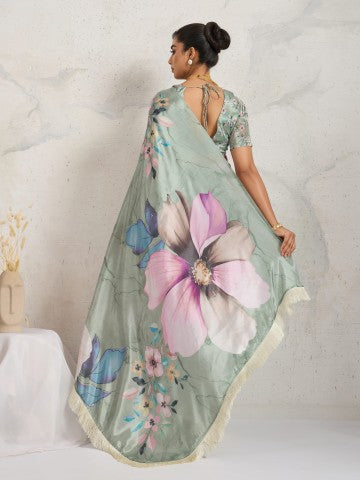 Green Floral Printed Satin Party Wear Designer Saree
