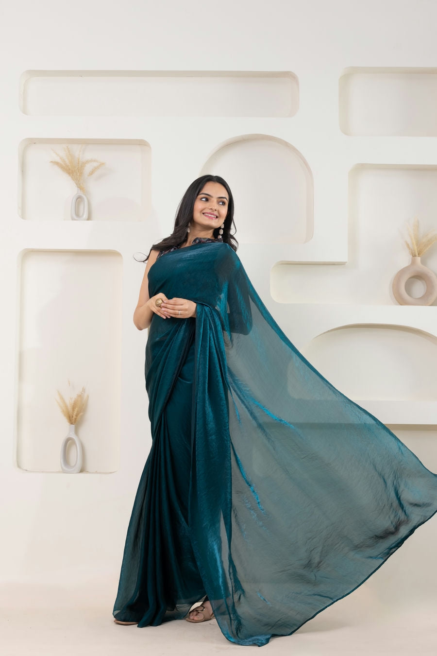 Lustrous Tissue Silk Ready To Wear Saree With Foil Printed Digital Blouse