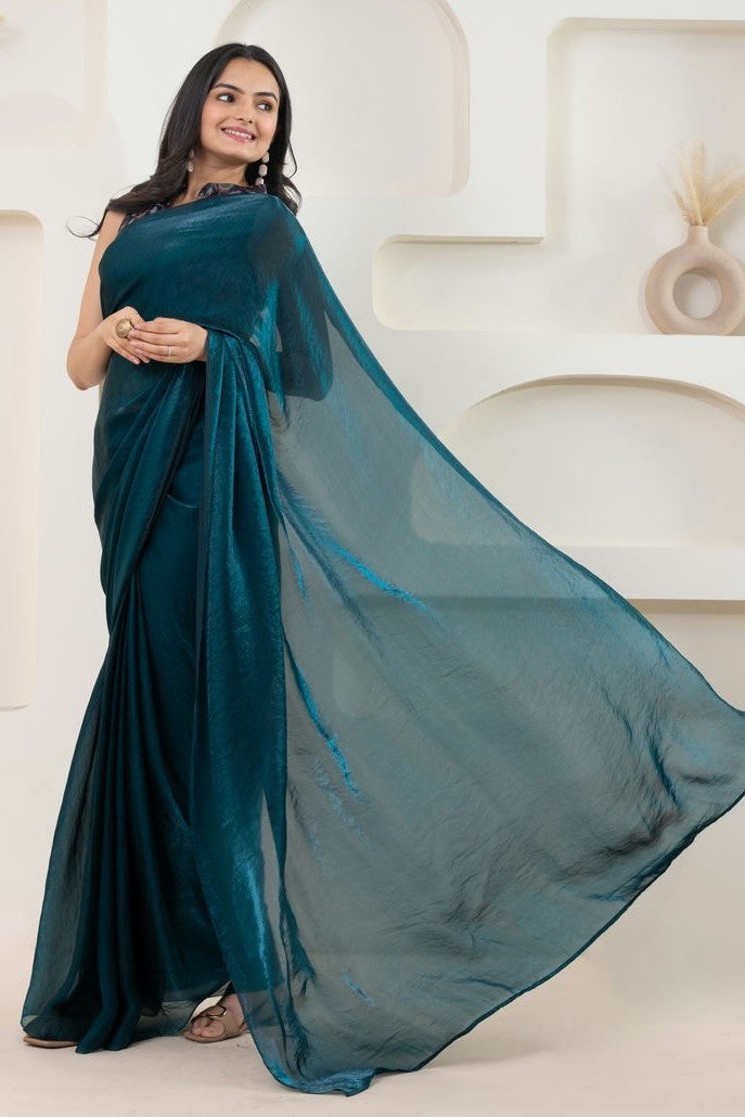 Lustrous Tissue Silk Ready To Wear Saree With Foil Printed Digital Blouse