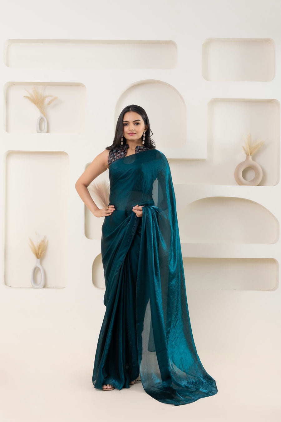 Lustrous Tissue Silk Ready To Wear Saree With Foil Printed Digital Blouse