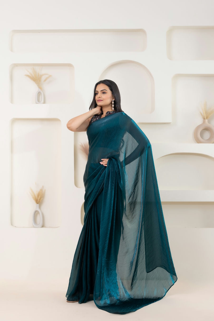 Lustrous Tissue Silk Ready To Wear Saree With Foil Printed Digital Blouse