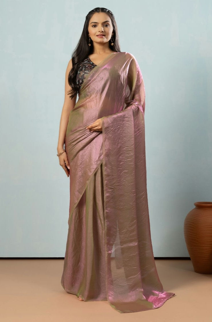 Lustrous Tissue Silk Solid Ready to Wear Peach Saree with Printed Blouse