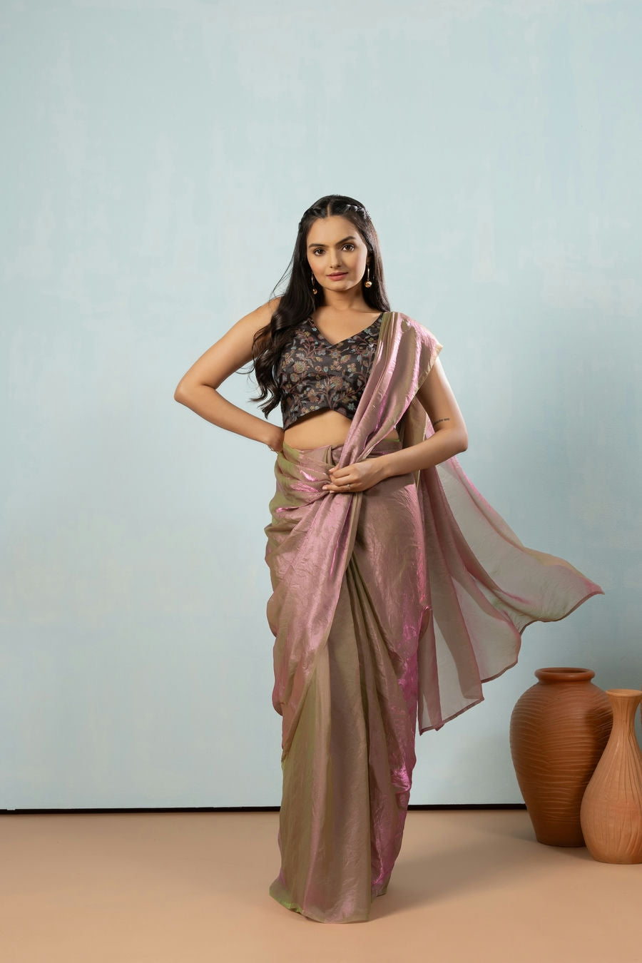 Lustrous Tissue Silk Solid Ready to Wear Peach Saree with Printed Blouse