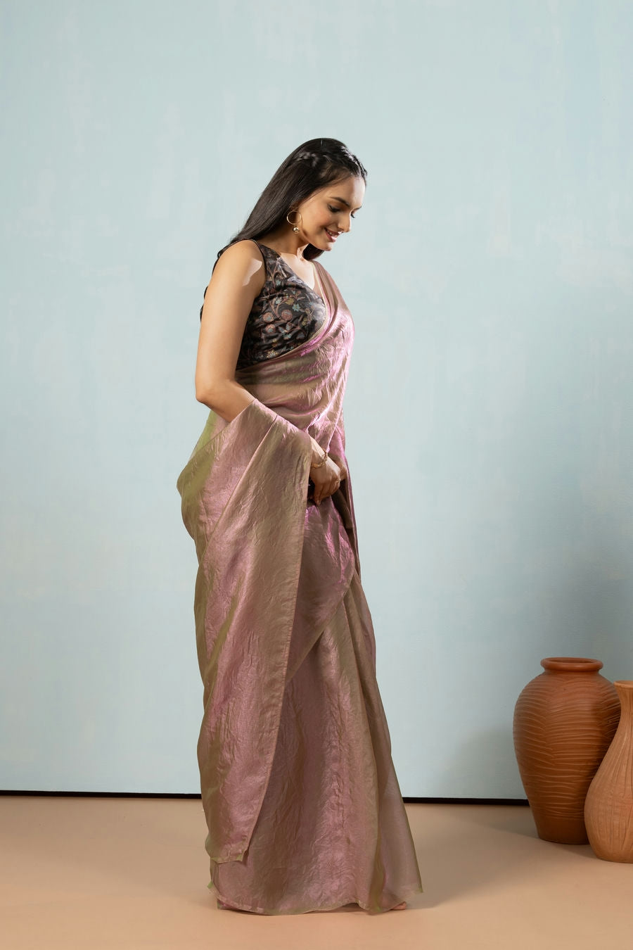 Lustrous Tissue Silk Solid Ready to Wear Peach Saree with Printed Blouse