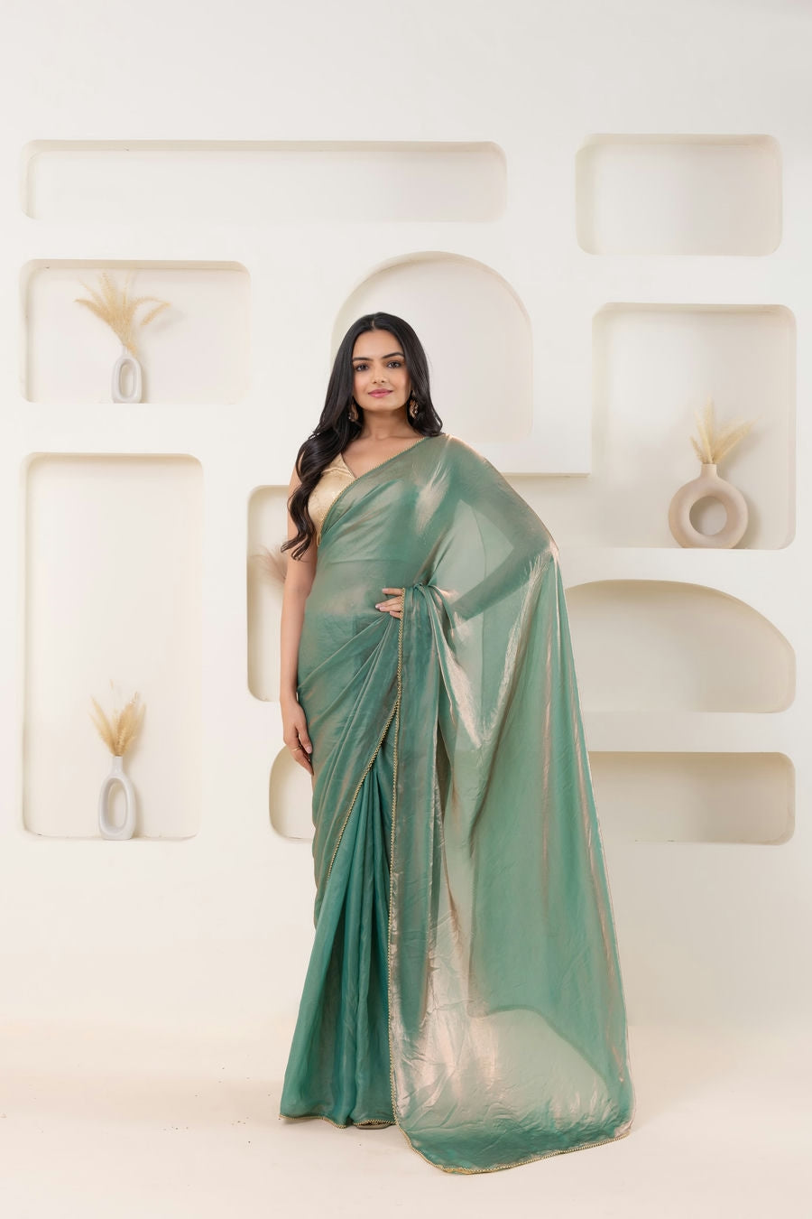 Lustrous Tissue Silk Solid Ready to Wear Green Saree with Printed Blouse