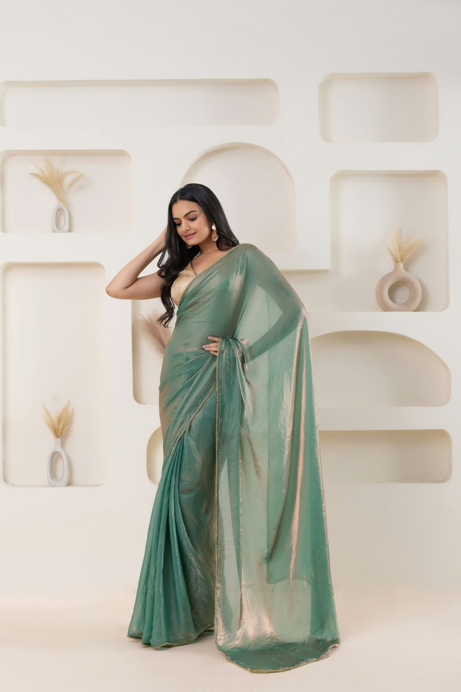 Lustrous Tissue Silk Solid Ready to Wear Green Saree with Printed Blouse