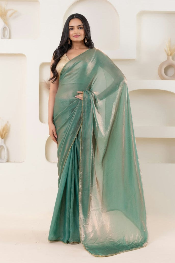 Lustrous Tissue Silk Solid Ready to Wear Green Saree with Printed Blouse
